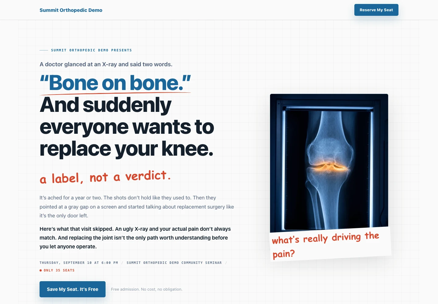 Bone-on-bone seminar landing page for the synthetic Summit Orthopedic Demo practice