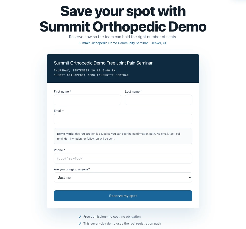 Registration form for the synthetic Summit Orthopedic Demo seminar